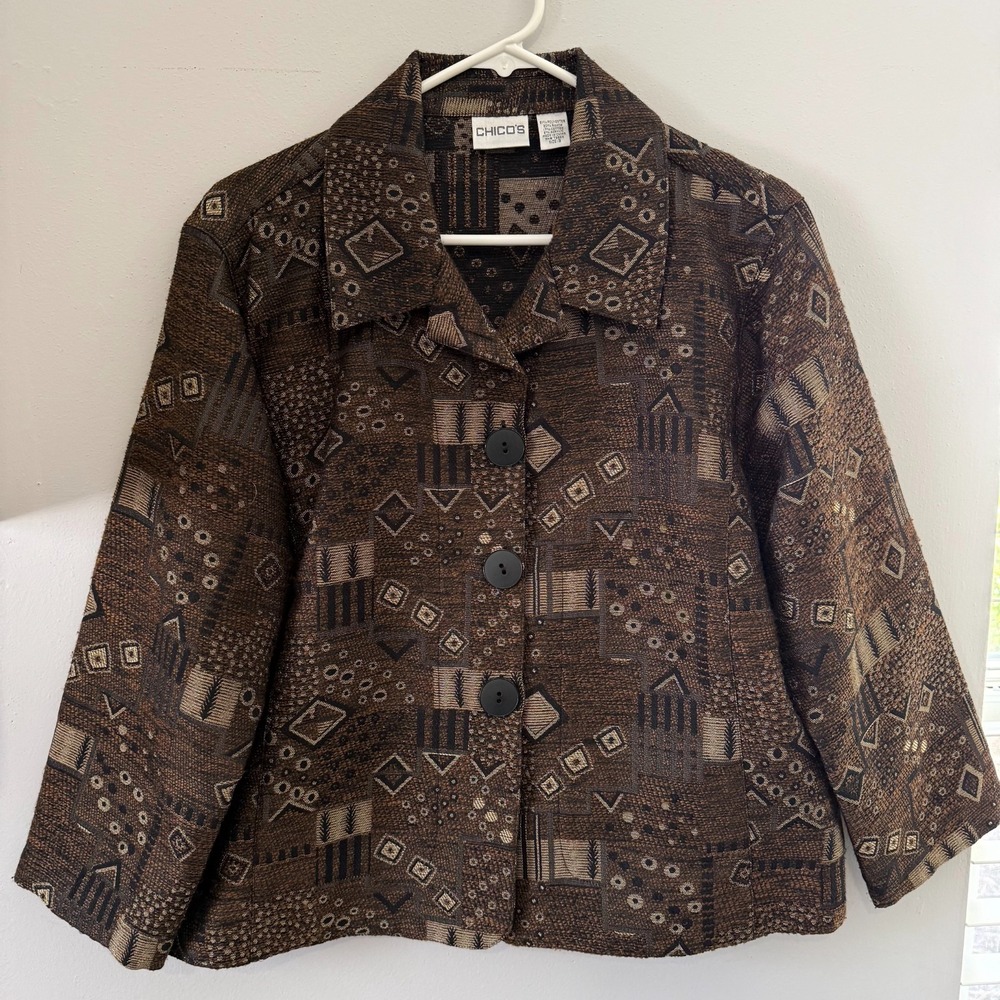 Chico's‎ Blazer Women's Size 3 XL Brown Abstract Tribal Print Button Jacket